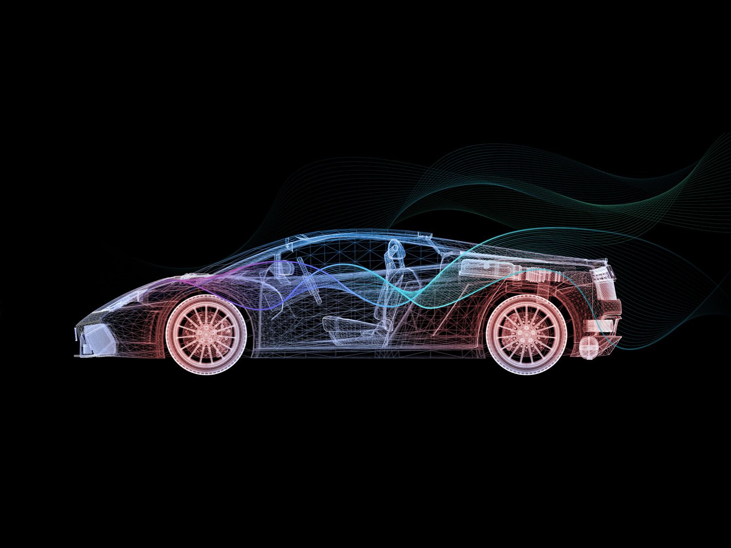 Visualisierung eines Sportwagens als CAD-Modell mit Fokus auf aerodynamische Optimierung – ein Beispiel für beschichtete Hochleistungskomponenten in der Automobil-Industrie.