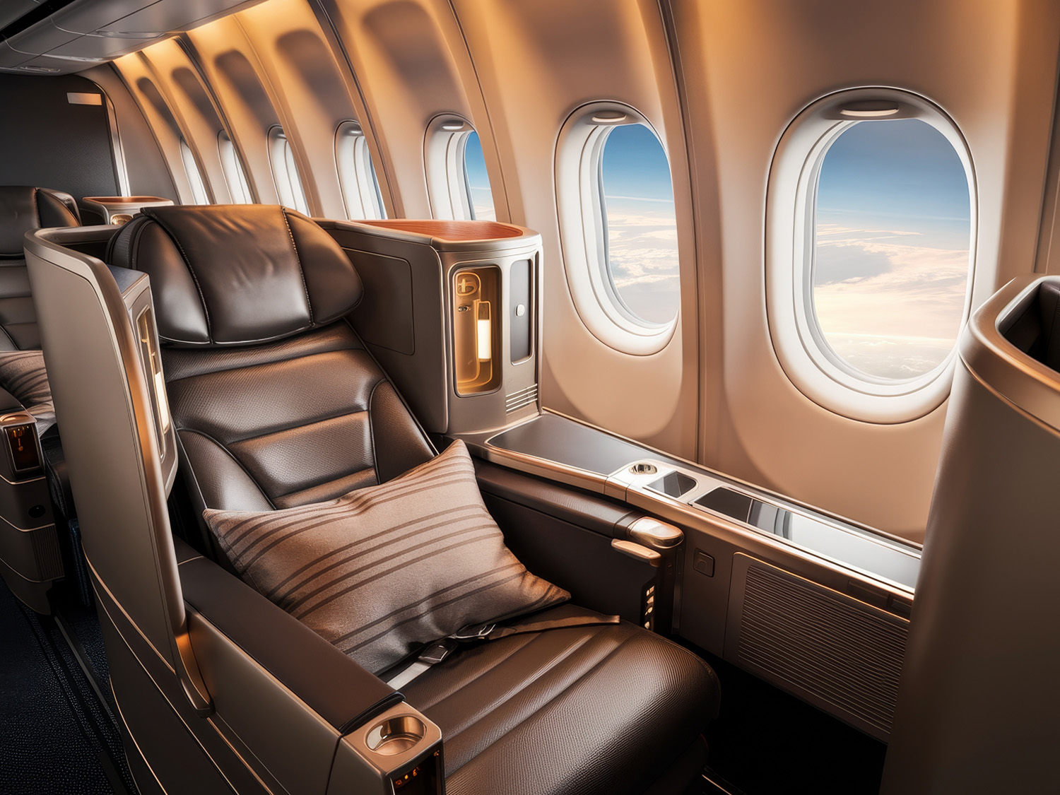 Detailansicht einer luxuriösen Flugzeuginnenausstattung mit beschichteten Metall- und Kunststoffoberflächen in der Business Class.