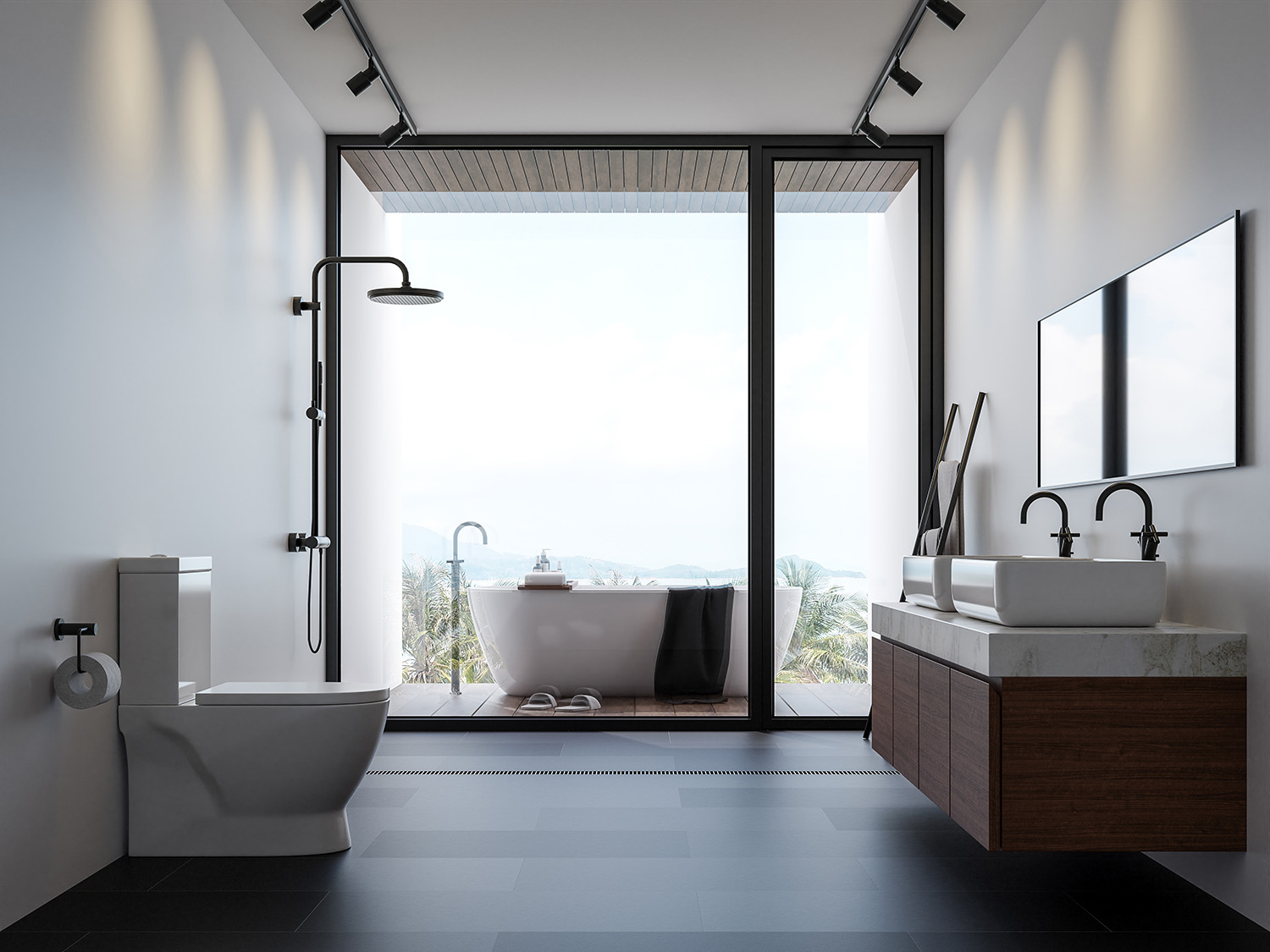Modernes Badezimmer mit freistehender Badewanne und dunklen Armaturen – minimalistisches Design trifft auf hochwertige Oberflächen für den Sanitärbereich.